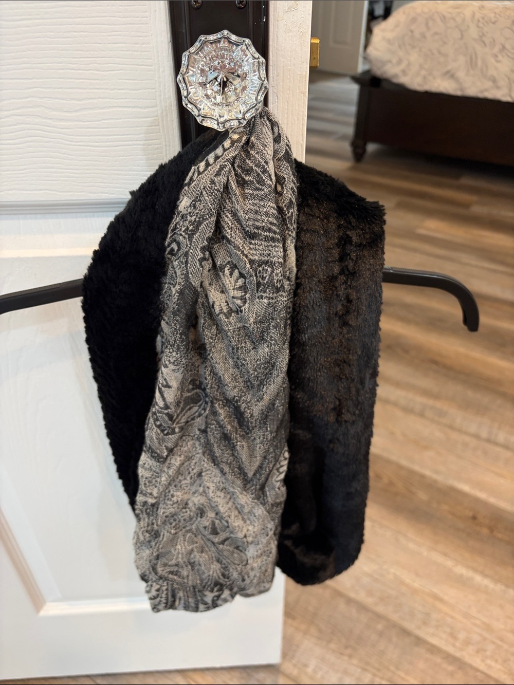 Black Faux Fur infinity  Scarf with Gray Patterned Knit Accent